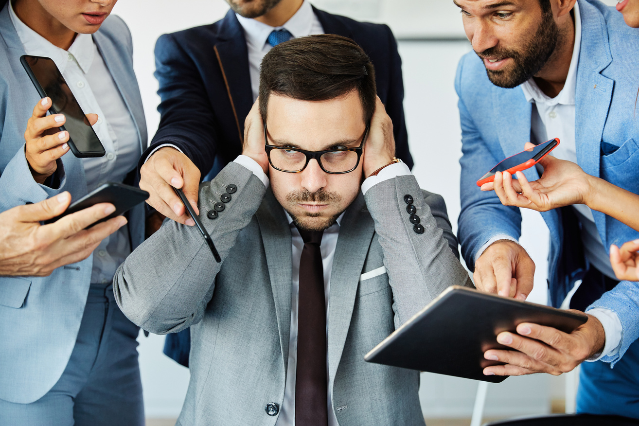 Businessman Stress Overwhelmed Work Problem Team Argue Conflict Problem